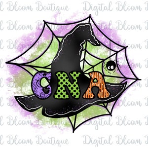 May include: A Halloween-themed graphic with a black witch hat, a spider web, and the letters "CNA" in various patterns. The background features a watercolor effect with purple and green hues, and a small spider.