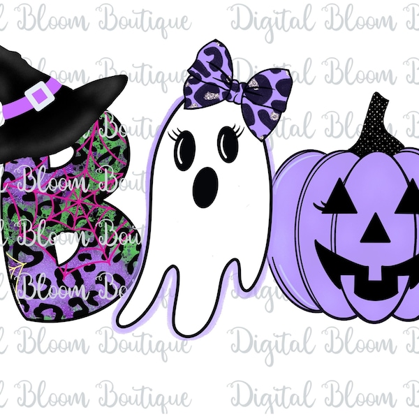 Cute Halloween Girl PNG ~ Boo PNG ~ Girl Ghost ~ Leopard ~ Purple Pumpkin PNG ~ Halloween Sublimation T-shirt ~ Halloween Printable Clip Art