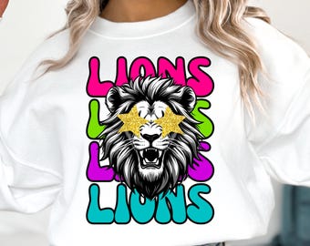Preppy Neon Lions Maskottchen PNG ~ Go Lions ~ Spieltag ~ Goldene Sternenaugen ~ Niedliche Lions Sublimation für Shirts ~ Lions Sports Team ~ Lions Clip Art