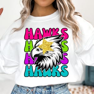 Preppy Neon Hawks Mascot PNG ~ Go Hawks ~ Gold Star Eye ~ Hawks Sublimation for Shirts ~ Hawks Sports Team ~ Cheerleader ~ Hawks Clip Art