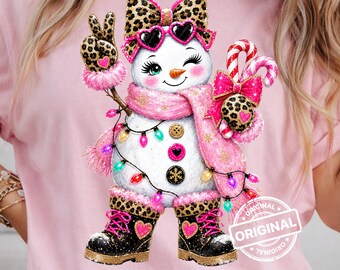 Preppy Snowman PNG ~ Girly Pop ~ Coquette Leopard ~ Snow Girl ~ Christmas Sublimation for Shirts ~ DTF ~ Digital Trendy Festive Girl Snowman