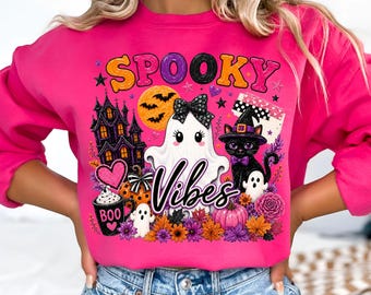 Spooky Vibes PNG ~ Preppy Ghost ~ Girly Haunted House Shirt PNG ~ Kids Trendy Floral Fall Shirt ~ Brushstroke Halloween Sublimation Design