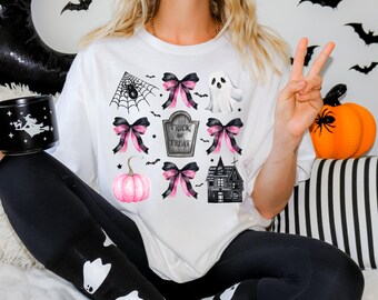Halloween Coquette PNG ~ Preppy Spooky Season ~ Trick or Treat Shirt ~ Sublimation ~ Coquette Bow PNG ~ Cute Halloween ~ Pink and Black PNG