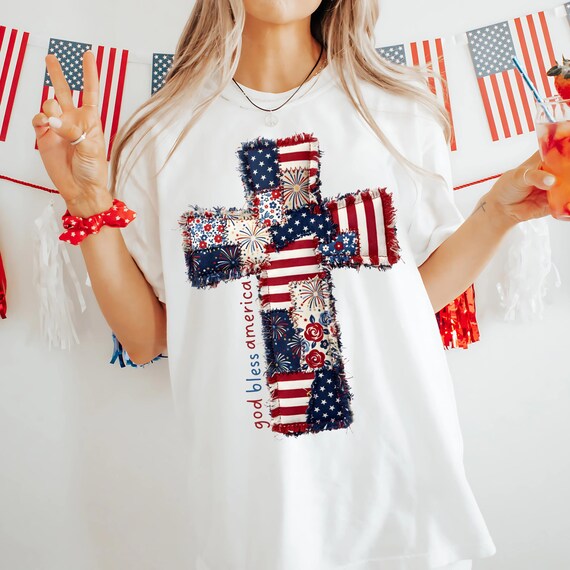 Patchwork Cross PNG ~ God Bless America PNG ~ 4th of July ~ American Flag ~ Christian Design ~ USA Patriotic Shirt ~ 250th Anniversary