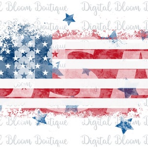 May include: A distressed, watercolor-style American flag with a white background. The flag is faded and has a grunge effect. The stars are blue and the stripes are red and white.