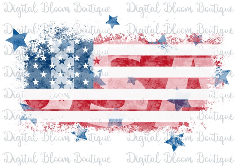May include: A distressed, watercolor-style American flag with a white background. The flag is faded and has a grunge effect. The stars are blue and the stripes are red and white.