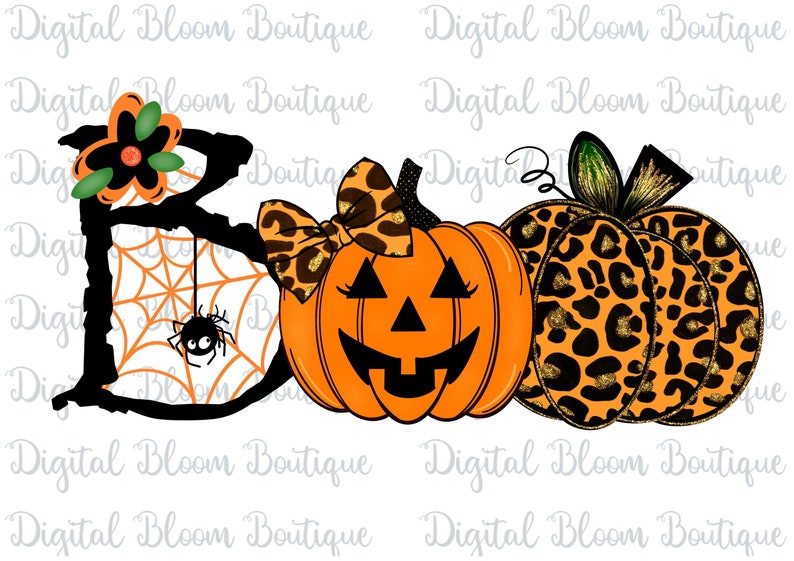 Puede incluir: Un dise&ntilde;o de tem&aacute;tica de Halloween con la palabra "BOO" con una telara&ntilde;a y una ara&ntilde;a en la "B", una calabaza con un lazo y una cara de jack-o'-lantern, y dos calabazas con estampado de leopardo y purpurina dorada.
