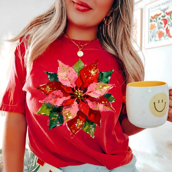 Preppy Poinsettia PNG ~ Messy Oil Paint Brushstrokes ~ Christmas Poinsettia PNG ~ Faux Glitter ~ Hand Painted Style ~ Winter ~ Retro Holiday