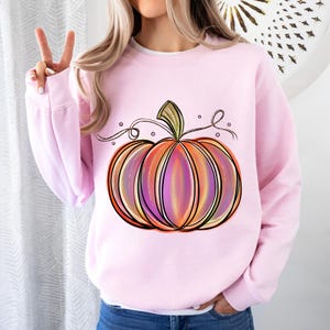 May include: A pink sweatshirt with a colorful, hand-drawn pumpkin design. The pumpkin has orange, yellow, pink, and purple stripes. The pumpkin has a green stem and a vine with leaves.