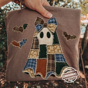 Patchwork Ghost PNG ~ Boho Halloween ~ Girly Ghost ~ Faux Embroidery ~ Girl Sweatshirt Sublimation Download   Cottagecore ~ Vintage Floral