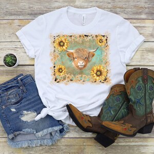 Highland Cow PNG ~ Long Haired Cow PNG ~ Western Shirt ~ Highland Cow Sublimation for Shirt PNG ~ Sunflowers Western ~ Highland Cow Clip Art