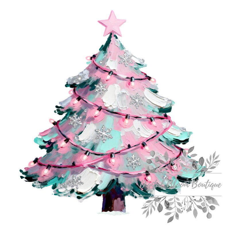 May include: A whimsical Christmas tree illustration in shades of pink, teal, and white, topped with a pink star. The tree is adorned with silver snowflake ornaments and a string of pink lights, perfect for holiday decor.