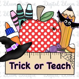 May include: A red apple with white polka dots, a witch's hat, crayons, a pencil, glue, candy, and a ruler in a box with the text "Trick or Teach".