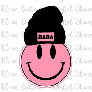K&ouml;nnte beinhalten: Pinkes Smiley-Gesicht mit einer schwarzen M&uuml;tze auf dem Kopf. Die M&uuml;tze hat den Schriftzug "MAMA" darauf.