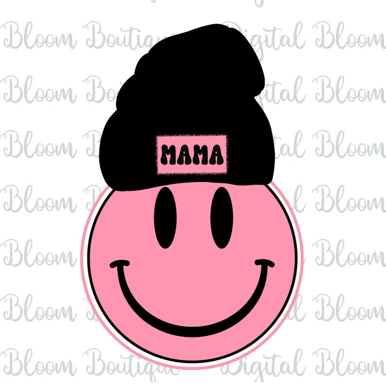 K&ouml;nnte beinhalten: Pinkes Smiley-Gesicht mit einer schwarzen M&uuml;tze auf dem Kopf. Die M&uuml;tze hat den Schriftzug "MAMA" darauf.