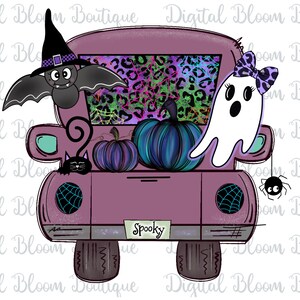 May include: A purple truck with a spooky theme. The truck is decorated with a ghost, a bat, pumpkins, and a black cat. The truck has a spider web design on the back window and the word "Spooky" written on the back.