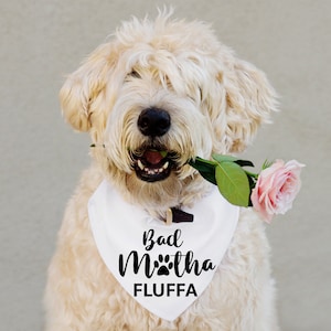 May include: A white dog wearing a white bandana with black text that reads "Bad to the  " with a paw print symbol and "FLUFFA" underneath. The dog is holding a pink rose in its mouth.