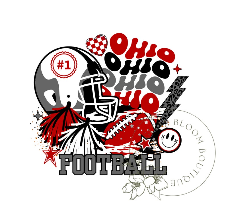 K&ouml;nnte beinhalten: Ein rot-wei&szlig;-schwarzes Grafikdesign mit einem Footballhelm, einem Football, Pompons und dem Wort "FOOTBALL". Das Design enth&auml;lt auch das Wort "OHIO", das mehrmals in einer Retro-Schriftart wiederholt wird. Die Worte "BLOOM BOUTIQUE" sind in einem Kreis um das Design geschrieben.
