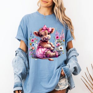Baby Girl Highland Cow PNG ~ Cute Shaggy Highland Cow ~ Pink Coquette Bow ~ Sublimation ~ DTF ~ Country Cow PNG ~ Watercolor Wildflowers Art