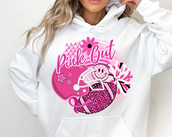 Pink Out Brustkrebs Awareness PNG ~ Pink Ribbon Sublimation Design für Shirts ~ Football and Cheer PNG ~ Retro ~ DTF ~ Trendy Clip Art
