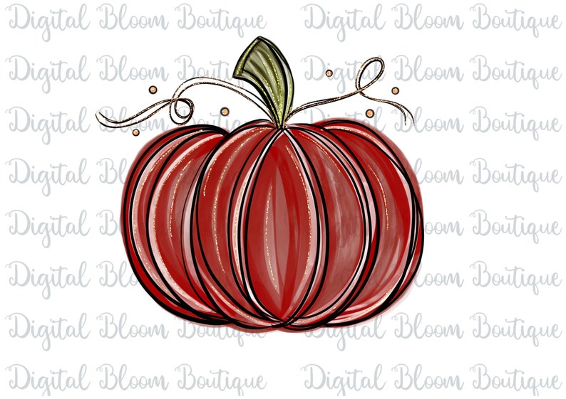 May include: A red pumpkin with a green stem and gold glitter accents. The pumpkin is drawn in a cartoon style with black outlines.