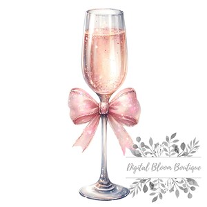 Puede incluir: Una copa de champ&aacute;n rosado con un lazo rosa atado alrededor del tallo. La copa est&aacute; sobre un fondo blanco. Digital Bloom Boutique.