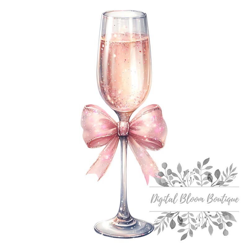 Puede incluir: Una copa de champ&aacute;n rosado con un lazo rosa atado alrededor del tallo. La copa est&aacute; sobre un fondo blanco. Digital Bloom Boutique.