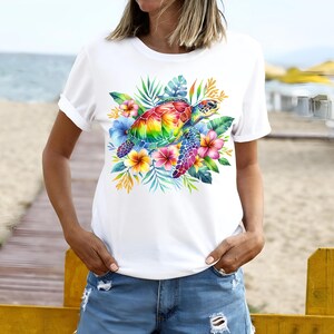 Tortuga marina PNG ~ Ambiente playero preppy ~ PNG de verano neón ~ Camisa costera ~ Tortuga marina de acuarela ~ Playa tropical ~ DTF ~ Clip art de tortuga marina