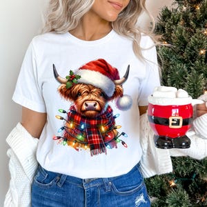 Christmas Lights Highland Cow PNG ~ Cute Shaggy Highland Longhorn Cow ~ Christmas Sublimation for Shirts ~ DTF ~ Country Cow Christmas PNG