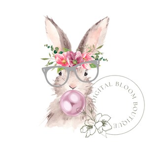 May include: A watercolor illustration of a cute bunny wearing pink flowers and glasses, blowing a pink bubble. The bunny is looking at the viewer. The image has the text "DIGITAL BLOOM BOUTIQUE" in a circle.