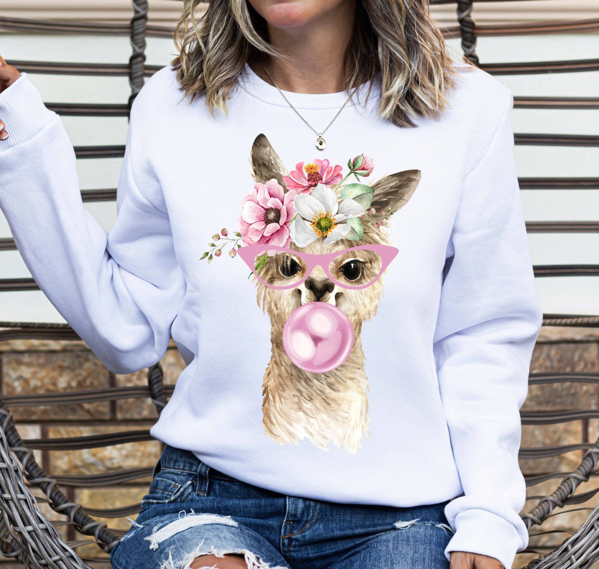Glasses and Bubblegum Llama PNG ~ Digital Download Silly Llama ~ Sublimation for Shirts ~ Watercolor Llama ~ DTF ~ Floral ~ Cute Llama Art