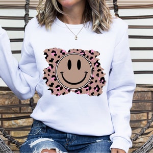 Smiley Face Emoji PNG ~ Leopard ~ Cheetah PNG ~ Smile Face ~ Transparent Sublimation for Shirts ~ Brown ~ Pink ~ Smiley Digital Clip Art
