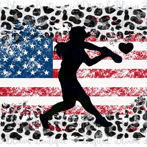 May include: Silhouette of a baseball player swinging a bat in front of a distressed American flag with a leopard print border. A red heart is in the upper right corner of the image.
