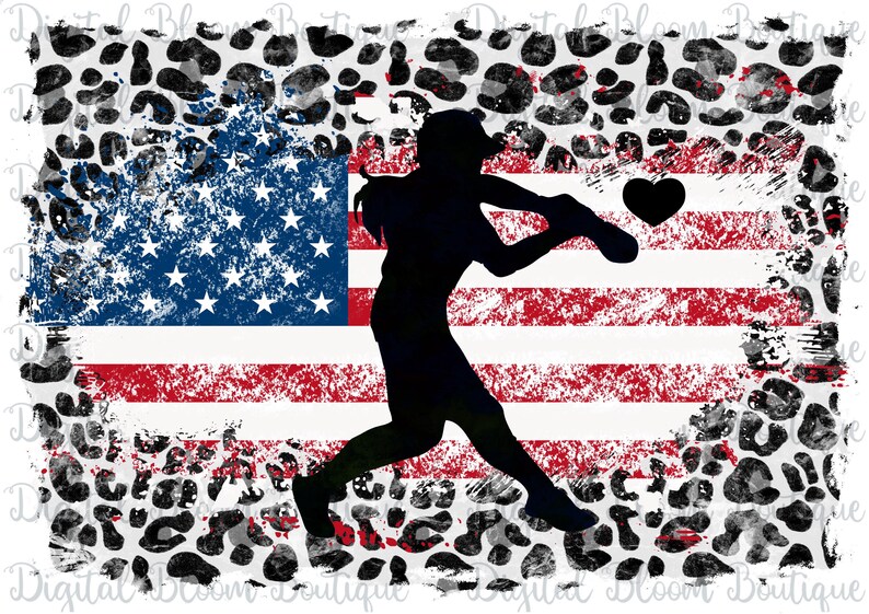 May include: Silhouette of a baseball player swinging a bat in front of a distressed American flag with a leopard print border. A red heart is in the upper right corner of the image.