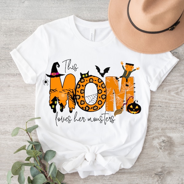 This Mom Loves Her Monsters PNG ~ Cute DTF Transfer ~ Mom Sublimation for Shirts ~ Trick or Treat ~ Bat ~ Cat ~ Pumpkin ~ Frankenstein PNG