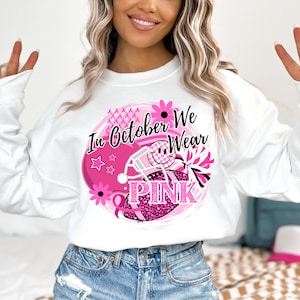 In October We Wear Pink PNG ~ Pink Preppy Sublimation Design for Shirts ~ Football and Cheer PNG ~ Retro ~ DTF Transfer ~ Trendy Clip Art