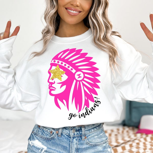 Preppy Indians Mascot PNG ~ Go Indians Game Day ~ Hot Pink ~ Preppy Sublimation for Shirt ~ College ~ Trendy PNG ~ DTF Transfer ~ Gold Stars