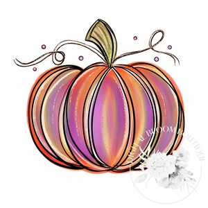 May include: A hand-drawn illustration of a pumpkin with a swirling vine and pink glitter accents. The pumpkin is orange, pink, and yellow with black outlines.