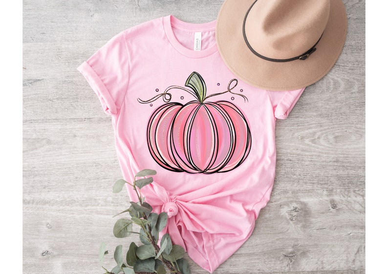 May include: A pink t-shirt with a pink and white pumpkin graphic. The pumpkin has a green stem and vine.