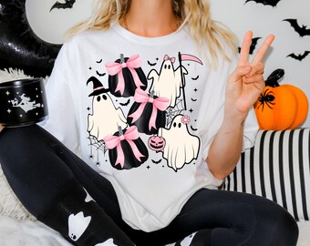 Preppy Ghosts PNG ~ Pink Coquette Bows ~ Spooky Season ~ Trick or Treat Shirt PNG ~ Pumpkin Sublimation ~ Cute Halloween Bats ~ DTF Transfer