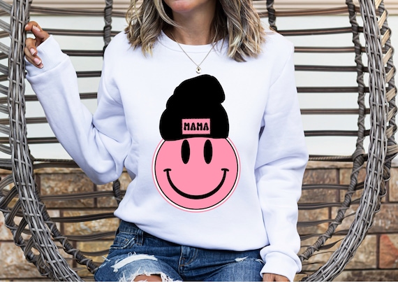 Smile Face Emoji PNG ~ Beanie ~ Pink and Black ~ Mama PNG ~ Smiley Face Sublimation for Shirts ~ Retro Mama ~ Smile Transparent Digital PNG