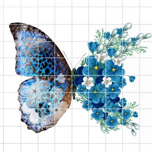 May include: A blue butterfly with a floral pattern on its wings, surrounded by a cluster of blue and white flowers.