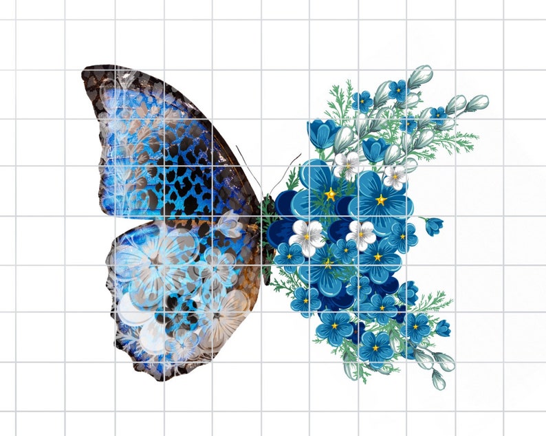 May include: A blue butterfly with a floral pattern on its wings, surrounded by a cluster of blue and white flowers.