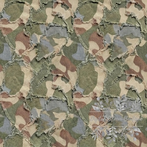 May include: A seamless pattern featuring a patchwork design with a camouflage theme. The fabric incorporates various shades of green, brown, and tan, with frayed edges adding texture. The overall aesthetic is rustic and military-inspired.
