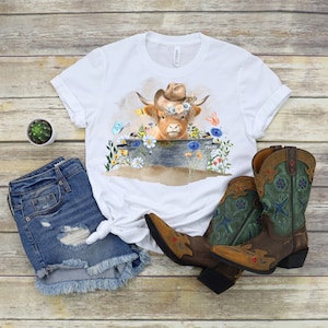 Highland Longhaired Cow PNG ~ Metal Tub PNG ~ Cute Cow Sublimation ~ Country Western T-shirt ~ Highland Cow ~ DTF ~ Watercolor Flowers Art