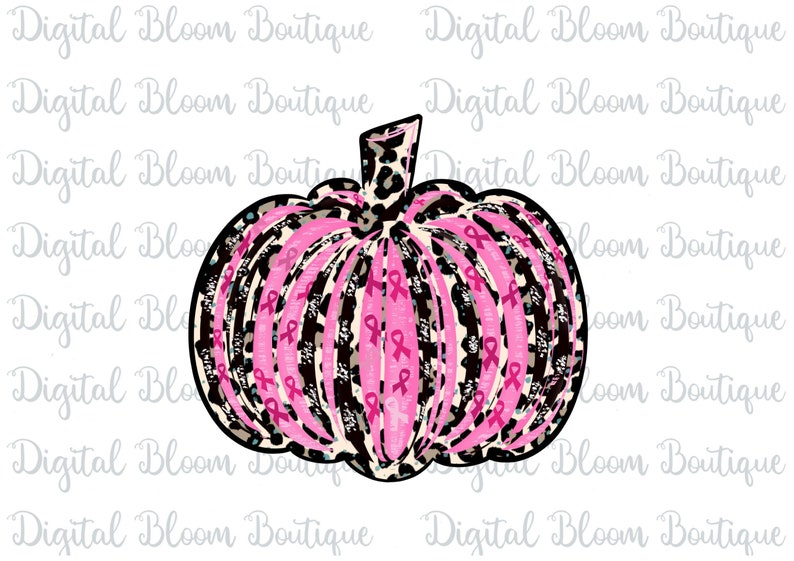 May include: A pink and black pumpkin with a leopard print design and pink ribbons. The pumpkin is decorated with a pink ribbon pattern and has a black stem.
