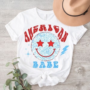 American Babe PNG ~ Sublimation Design ~ Retro ~ 4th of July PNG ~ Smiley Face PNG ~ Groovy Vintage ~ Lightning Bolt ~ T-shirts ~ Ballcaps