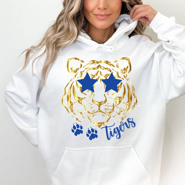 Preppy Tigers Mascot PNG ~ Royal Blue and Gold ~ Tigers ~ Preppy Sublimation for Shirts ~ College ~ Trendy Tigers PNG ~ DTF ~ Stars ~ Paws