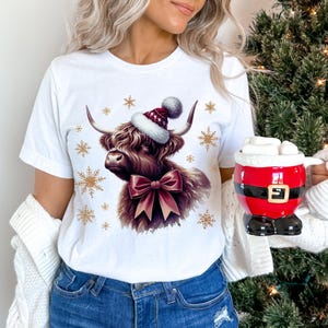 Shaggy Highland Cow PNG ~ Coquette Bow ~ Cute Shaggy Highland Longhorn Cow ~ Christmas Sublimation for Shirts ~ DTF ~ Country Christmas PNG