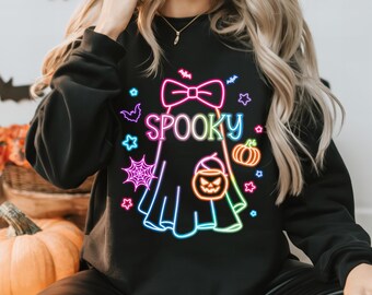 Neon Spooky Ghost PNG ~ Coquette Bow ~ Leuk Ghost Shirt ~ Neon Spooky Season PNG ~ Preppy Sublimatie ~ Leuke Halloween Neon Ghost ~ DTF-kunst